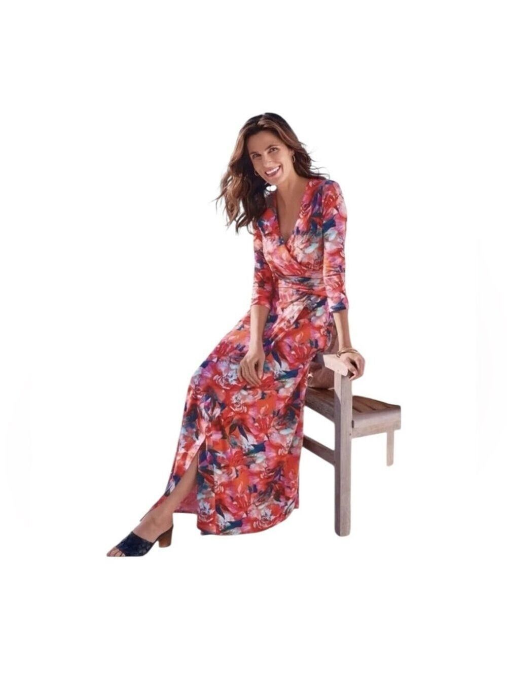 Soft Surroundings Le Jardin Maxi Wrap Dress Size L Crimson Floral Boho Chiccore